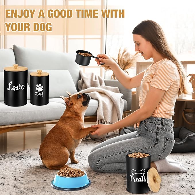 Tioncy 3 Pcs Dog Treat Container Airtight with Lids Spoon 8 x 5 & 7 x 4 & 6 x 4 Inch Dog Treat Jars for Counter with DIY Labels Pen Small Pet Food Storage Canister Cookie Snack Jars for Kitchen(Black)