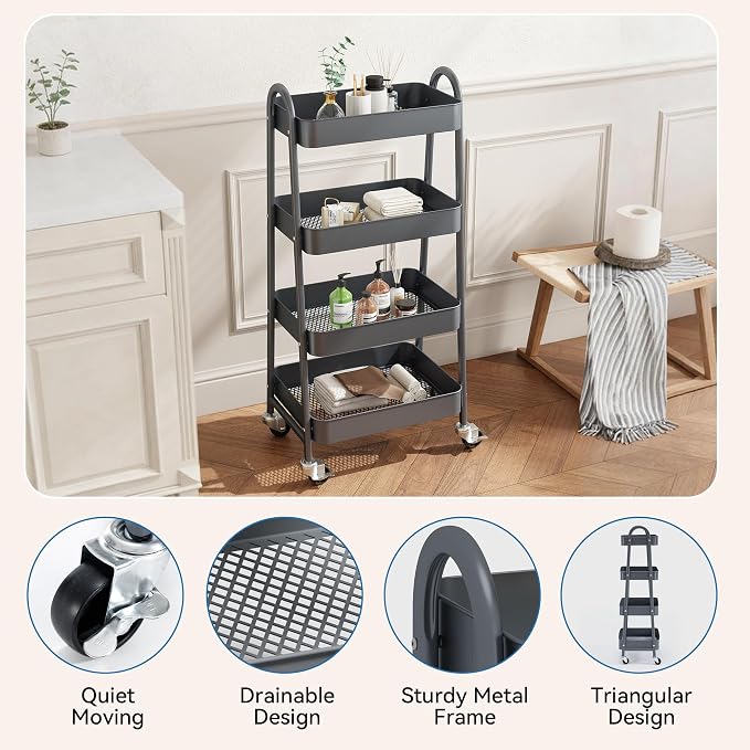 OLIXIS Metal 4 Tiers Rolling Storage Utility Cart with Lockable Wheels | Mobile Organizer Shelf, Space-Saving, Freestanding, Bathroom, Living Room, Slim, Narrow Corner Spaces, Gray