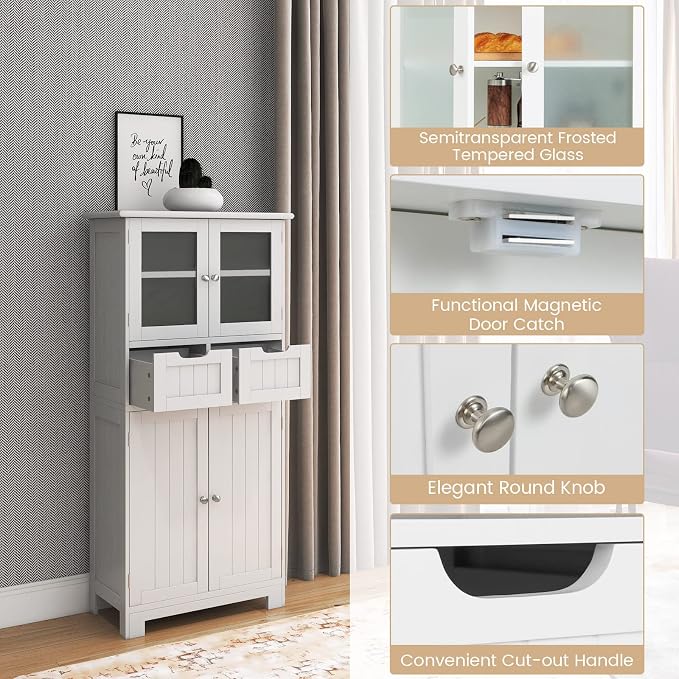 LOKO Bathroom Cabinet, Linen Storage Organizer with Doors & Drawers, Wooden Floor Cabinet with Adjustable Shelves for Bathroom, Living Room or Kitchen (White)