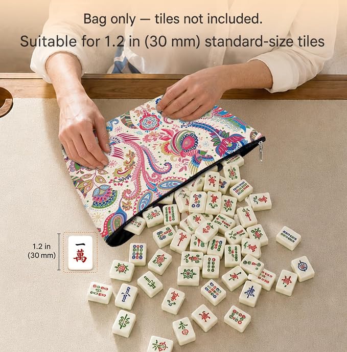 Colorful Paisley Empty Mahjong Tile Bag 13x7.8 Inch | Boho Floral Printed Portable Travel Case Organizer Zipper Pouch for American Mahjong Tiles Game Night Accessories and Gifts