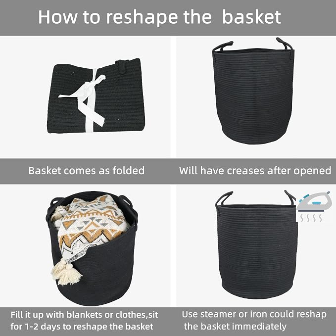 Woven Cotton Rope Laundry Basket, 15" x 20" Laundry Hamper, Black | Rope storage basket for dirty clothes, toys and blankets. Perfect for bathroom, baby nursery and living room storage.