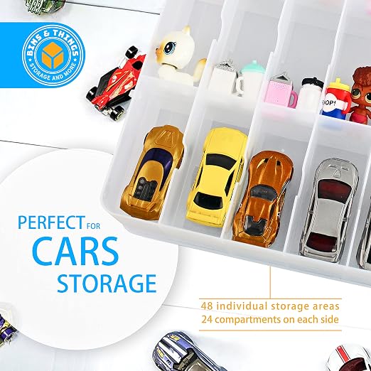 Bins & Things Hot Wheels Display Case and Toy Car Storage Organizer, Double sided 48 - Multi Compartment Plastic Car Toy Organizer Compatible with Lego, LOL Surprise Matchbox cars storage case - Blue