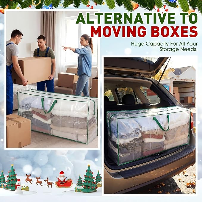 6 Pack Extra Large Moving Bags, 126 Gal Heavy Duty Storage, Green | Clear Waterproof Storage Bags with Reinforced Handles Zipper, For Clothes Bedding Seasonal Decorations Holiday Organizer