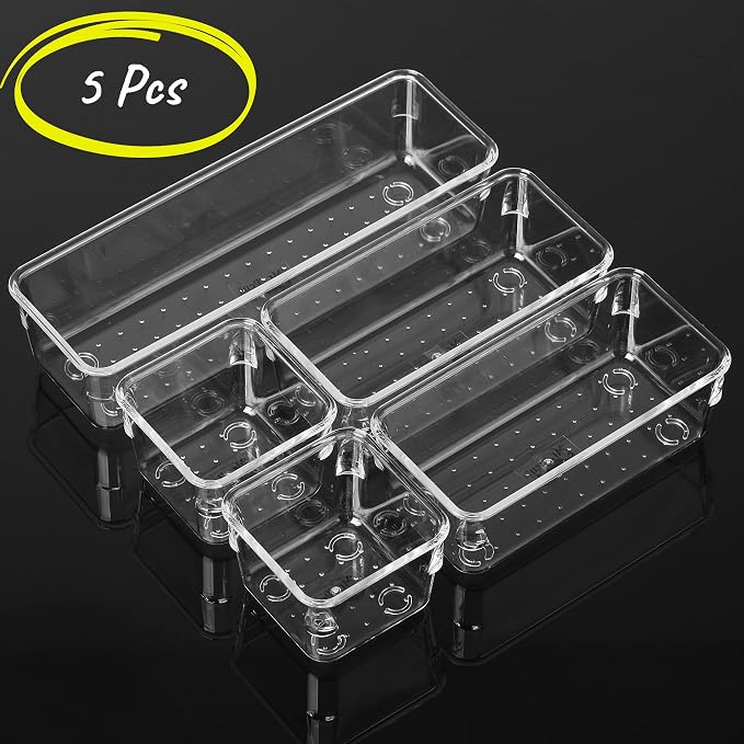 Mr. Pen- Drawer Organizers Set, 5 pcs, Clear Plastic Drawers Organizer | Makeup Drawer Organizer, containers for Organizing, Desk Drawer Organizer, Vanity Organizer, Bathroom Drawer Organizers