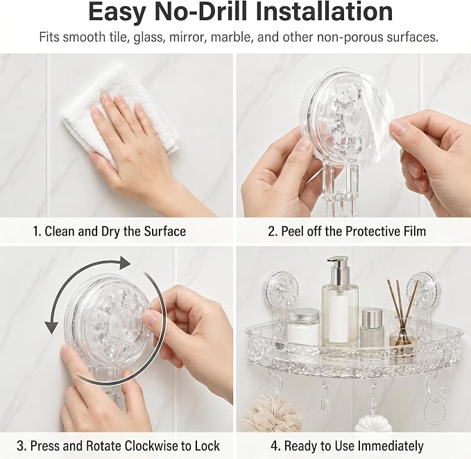 Corner Shower Caddy with Suction Cups, No Drill Corner Shower Shelf Organizer with Hooks, Clear Shower Storage Rack for Tile, Glass & Smooth Surfaces, White/Clear