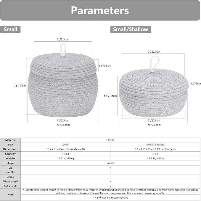 Sea Team Round Woven Cotton Rope Storage Basket with Lid, Gray | Lidded Knitted Decorative Storage Bin, Pot, Caddy, Organizer, Container for Snacks, Towels, Plants, 10 x 7.5 Inches