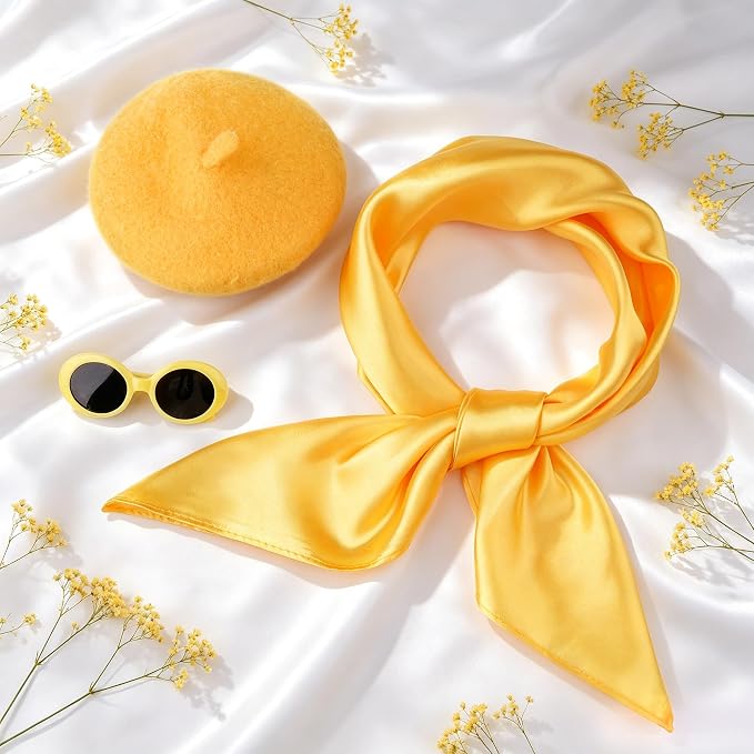Dog Beret Set Including Dog Beret Satin Scarf Funny Glasses Pet French Artist Beanie for Small Dogs Cats Halloween Christmas Cosplay Party (Yellow)
