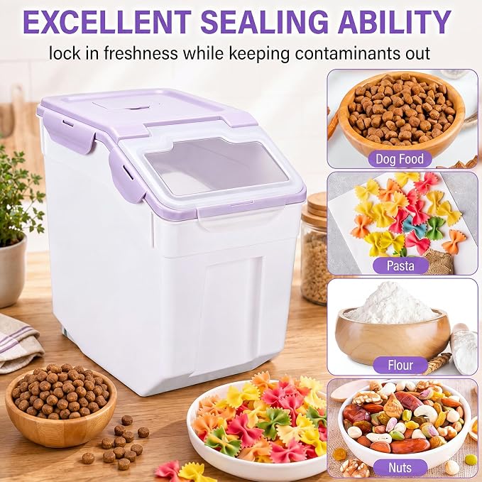 Sunnyray 4 Pcs 55 Lbs Flour Storage Container Bin,Rice Storage Containers with Wheels Seal Locking Lid, BPA Free with Measuring Cup Scoop for Rice Grain Pet Food Flour (Purple)