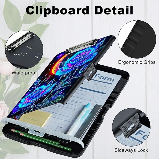 Blue Rose Moon A4 Clipboard with Storage Pen Holder, Clipboards Organizer Nursing Clipboard Foldable File Folder Plastic Clipboard Folio Clip Board for Office Students Classroom Doctor