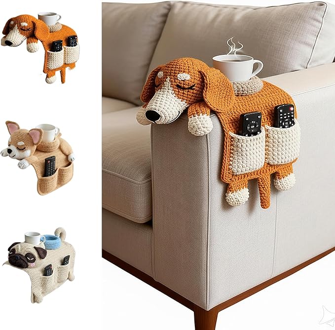 Crochet Sofa Armrest Organizer with Cup Holder, Cute Dog & Cat Shaped Couch Caddy, Anti-Slip Remote Control Holder for Recliner, Handmade Storage Pocket for Tablet, Gifts for Pet Lovers (orange)