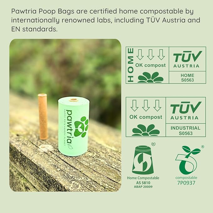 Pawtria Home Compostable Dog Poop Bag Rolls (120) + Silicone Treat Pouch | 120 Leak-Proof Poop Bags for Dogs, TÜV Austria Home Compost Certified & BPA-Free Silicone Treat Case