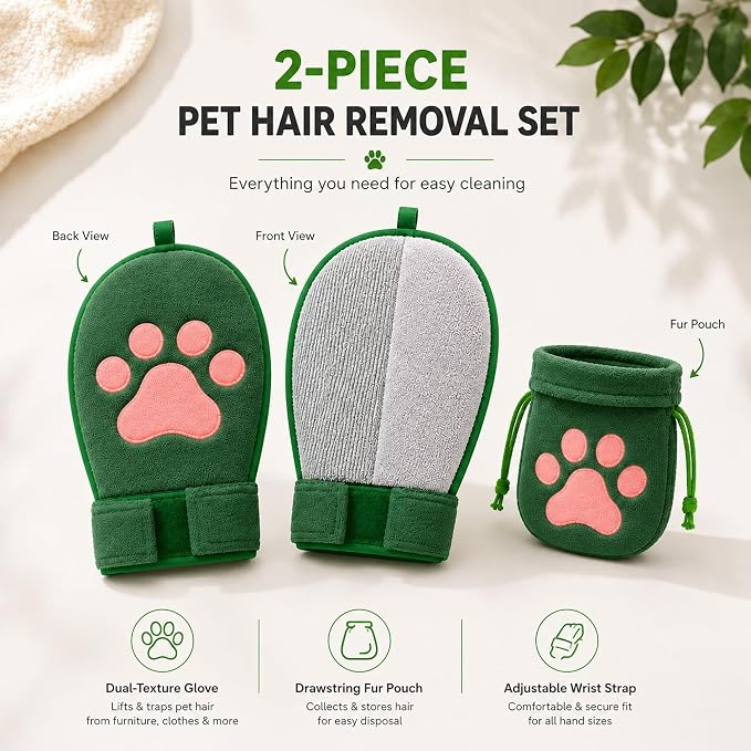 Paw Shape Pet Hair Remover Glove & Fur Storage Bag Set for Cats and Dogs (Green), Washable Pet Hair Remover, Soft Lint Cleaning Glove for Sofa Carpet Bed Clothes