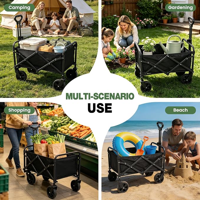 REDCAMP Collapsible Wagon with Wheels, 220lbs Foldable Wagon Cart | Portable Utility Wagon Cart with All Terrain Wheels for Outdoor, Sports, Shopping, Pet, Grocery, Beach, Camping, Black