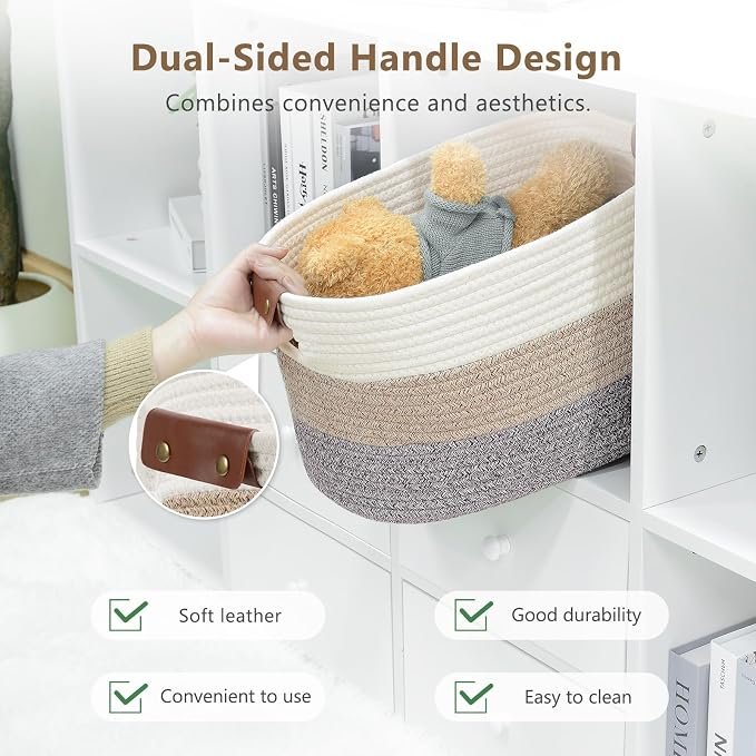 ECDYQXVU 15x10x9 Woven Cotton Rope Storage Basket, Leather Handles 3 Pack | Foldable Design, Sturdy PU Handles, Easy to Clean Organizer for Living Room, Closet, Shelves, Bedroom, Laundry, Clothes