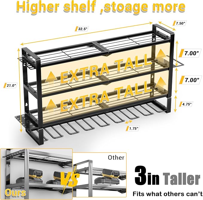 Extra Tall Large Power Tool Organizer Wall Mount ,4 Layers Drill Holders | 8 Cordless Heavy Duty Metal Battery Tool Shelf Loads 400lbs,Tool Storage,Utility Rack For Workshop,Garage,Gifts for Men