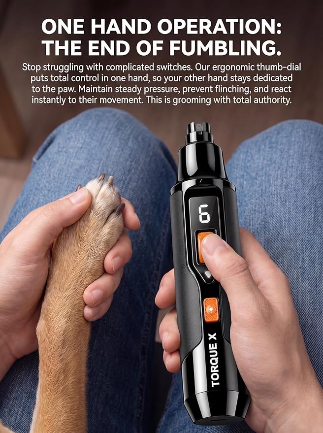 Torque X +30% Power Professional Dog Nail Grinder - Ultra-Quiet 30dB Dog Nail Trimmers, Powerful 7-Speed 16,000 RPM Motor (20k Force), Dual LED Lights, 12H+ Runtime, 3 Diamond Bits & Dust Cap