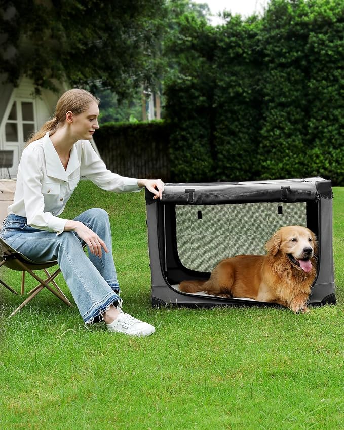 Veraste 30" Soft Collapsible Travel Dog Crate for Medium Dogs,Grey | 4-Door Foldable Travel Crate,breathable mesh, foldable with storage bag