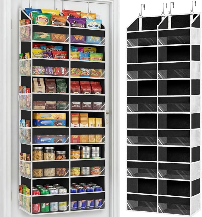 Over The Door Organizer 6 Tiers, Extra Large Behind Door Storage of 12 Compartments, 80 lbs Weight Capacity Hanging Storage Organizer with Clear Window Kids Toys, Shoes, Diapers, Room Storage,Black