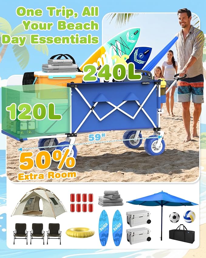 59"L Beach Wagon with 9×4" Big Sand Wheels, Expandable Tailgate | Heavy Duty Collapsible Utility Cart with 9" All-Terrain Non-inflatable Balloon Wheels for Beach Camping Baseball Fishing