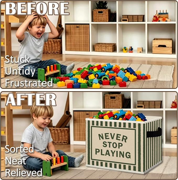 Kids Playroom Cube Storage Bins with Handles, Never Stop Playing Green Striped Collapsible Fabric Storage Basket Boxes Books Clothes Organizer for Kids Boys Room Bedroom Bathroom