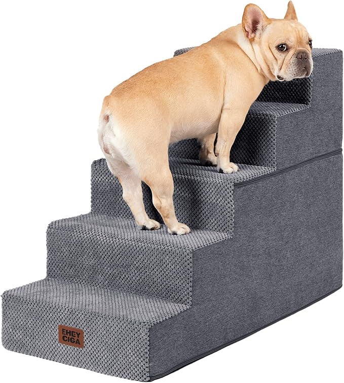 EHEYCIGA Dog Stairs for High Bed 22.5" H, 5-Step Dog Steps, Grey | Pet Steps for Small Dogs and Cats for Bed, Non-Slip Balanced Pet Ramp Indoor