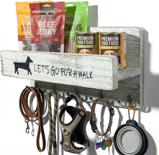Wood Dog Leash Holder for Wall, Key Hanger with 5 Double Key Hooks | Dog Leash Hanger Wall Mounted for Entryway, Farmhouse Treats,35cm,White