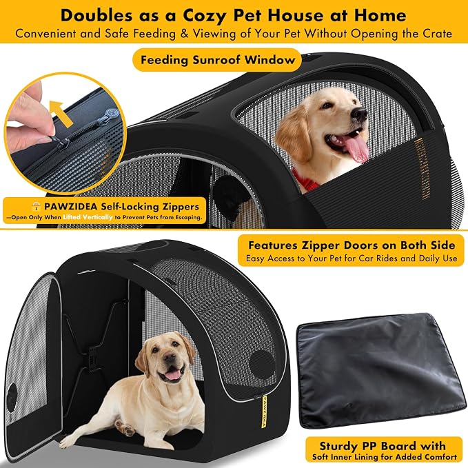 PAWZIDEA Portable Dog Crate for Car Travel, Medium & Large Dogs Up to 80lbs | Enclosed Soft-Sided Dog Car Kennel for Backseat, Secures w/ Seatbelt & Headrest Strap, Collapsible Car Carrier, Chew-Proof