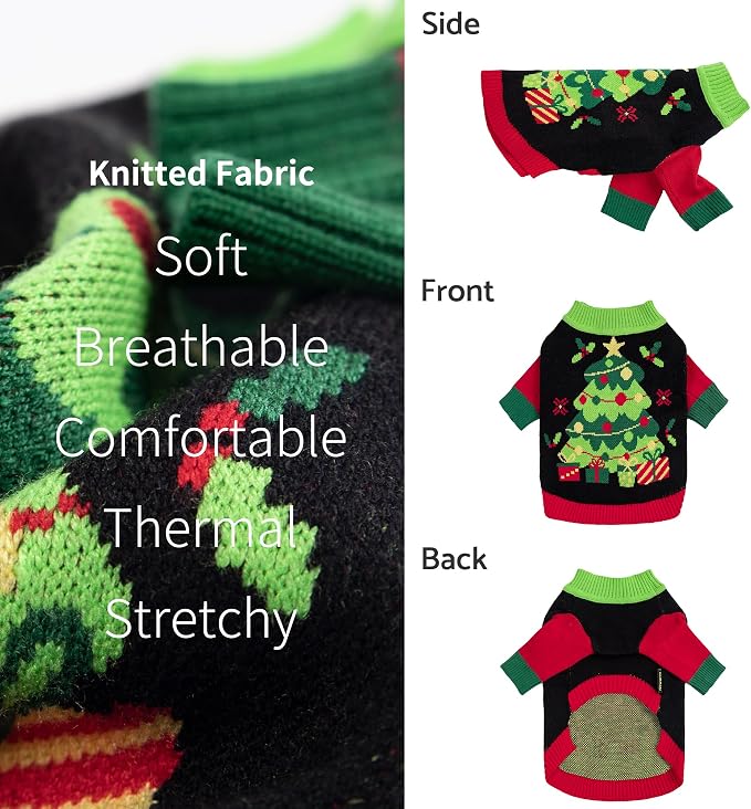 Fitwarm Christmas Tree Dog Sweater, Thermal Dog Winter Clothes for Small Dogs Boy Girl, Cozy Dog Christmas Outfit, Doggy Pullover Jumper, Holiday Pet Apparel, Black, Red, Green, Yellow, XXL