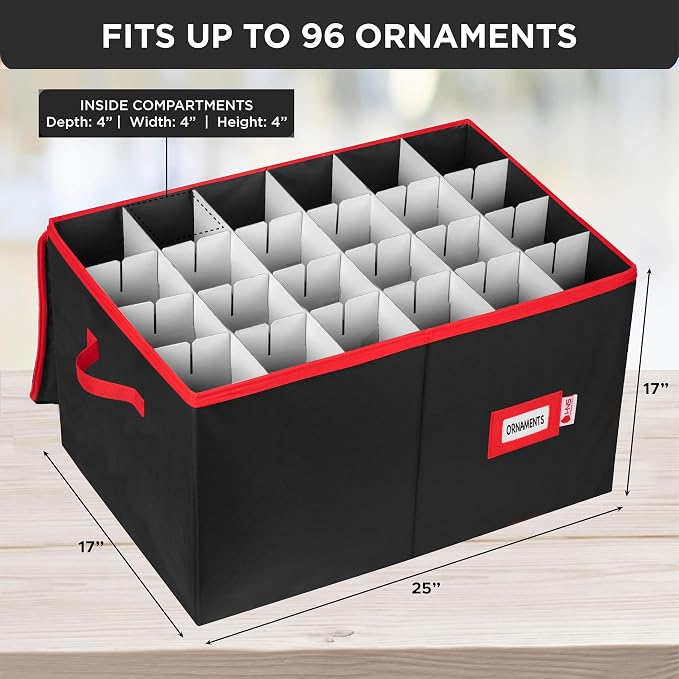 Christmas Ornament Storage Container with Dividers - Box Stores Up to 96 Ornaments, Zippered, Convenient, Adjustable, Large Organizer Bin to Protect Holiday Décor, Fits Most Standard Size, Black