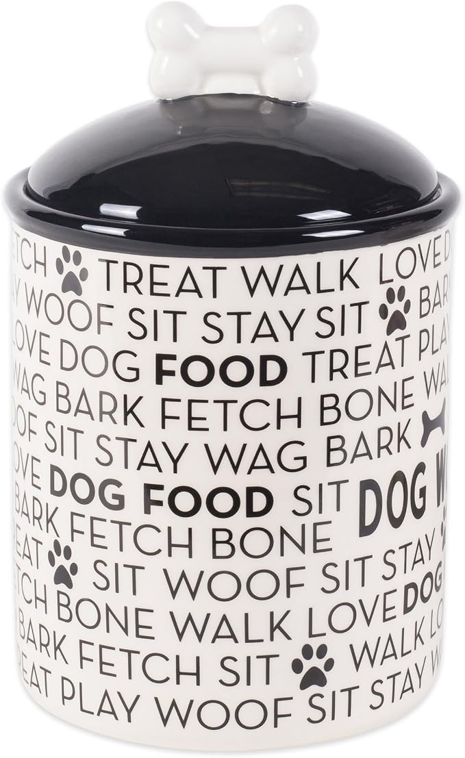 Bone Dry Dog Bone Ceramic Pet Bowl & Canister, Canister, 5.5x5.5x8.25, Black/White