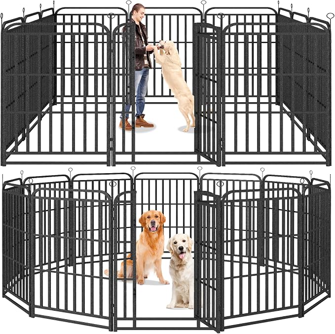 Kfvigoho Heavy Duty Dog Playpen 12 Steel Panels 47" Height | Square Steel Pipe with Reinforced Crossbars, 27FT 57 Sq.ft Portable Dog Fence Outdoor or Yard RV Camping, Snowy Black