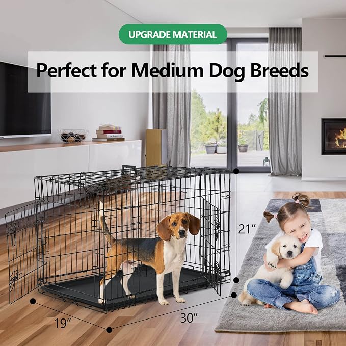 30 Inch Medium Dog Crate, Heavy Duty Dog Crates for Medium Dogs, Metal Wire Folding Dog Cage with Removable Trays, Locks, Double-Door, Divider Panel, Handle, Puppy Crate Pet Crate (30 in, Black)