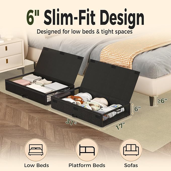 Fokyfok 2 Pack Under Bed Storage with Wheels 6 inch Height | Metal Frame,Lid,Rolling Slim Under Bed Drawers for Shoes,Clothes,Shallow Underbed Storage,Under Couch Storage,Black