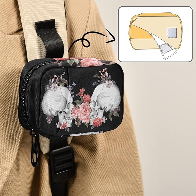 Watercolor Rose Skull Pill Box 7 Day Pill Case Travel Pill Organizer Bag with Zipper Portable Weekly Case Compact Size for Vitamin Supplement Holder