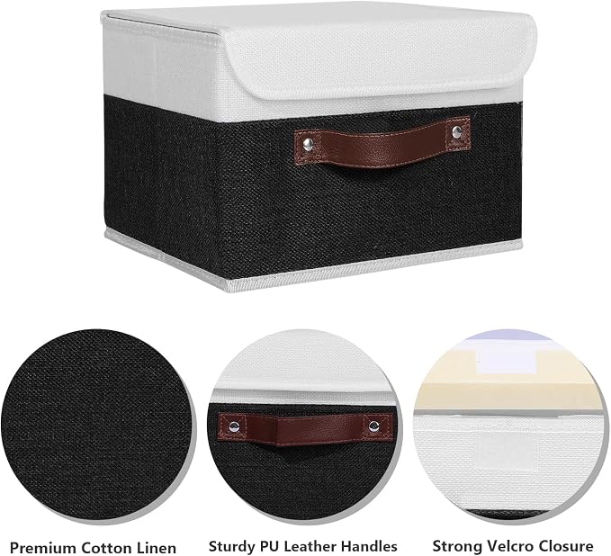 ANMINY Fabric Storage Box Bins with Lids, Black White, 10"x8"x7" | Keepsake Memory Storage, Cotton Linen, PP Board Reinforced, Washable, PU Handles, Foldable & Stackable, Decorative, Small