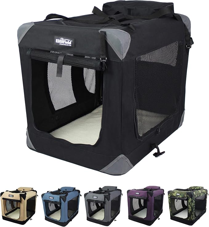 EliteField 3-Door Soft Dog Crate with Bed & Carrying Bag (2-Year Warranty) | 3 Mesh Doors, Steel Frame, Removable & Washable Crate Cover and Bed Cover, Storage Pockets, Indoor/Outdoor, Foldable