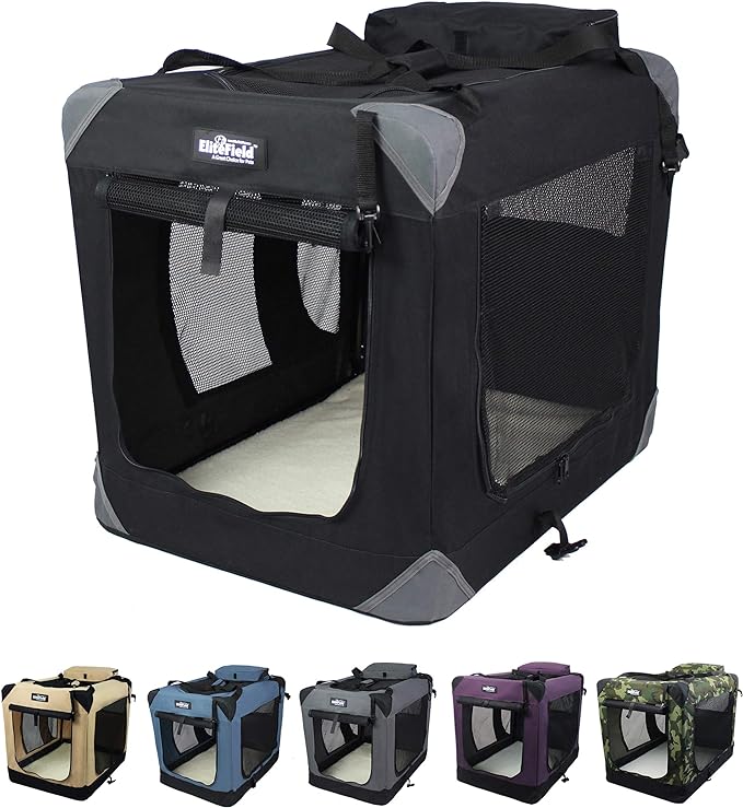 EliteField 3-Door Soft Dog Crate with Bed & Carrying Bag (2-Year Warranty) | 3 Mesh Doors, Steel Frame, Removable & Washable Crate Cover and Bed Cover, Storage Pockets, Indoor/Outdoor, Foldable