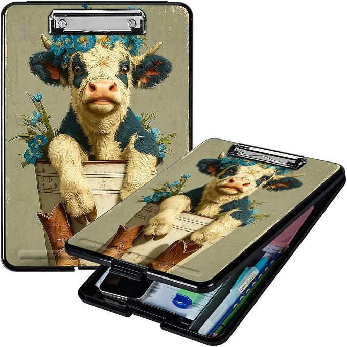 Heavy Duty Storage Clipboard, Slim Nursing Clipboard with Internal Pen Case, Portable File Organizer Case for A4 Letter Size Paper Office Medical Professionals, Cow Blue Flower