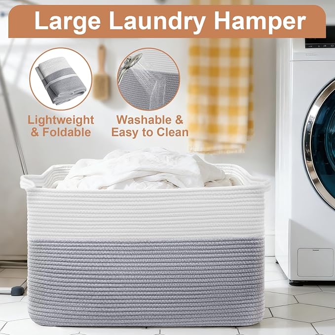 75L Large Blanket Storage Basket with Handles - White & Gray | Extra-large blanket baskets. Soft cotton, foldable, washable.Holds blankets, pillows for living room, bedroom, dorm.