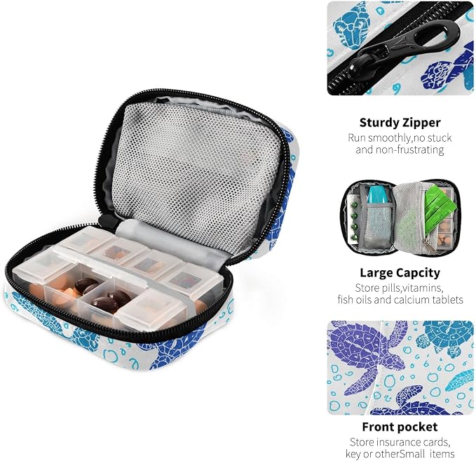 Turtle Ocean Animal Pill Case, Weekly Portable Pill Bag Container 7 Days Cute Pill Box Organizer Vitamin Supplement Holder with Zipper for Travel Family Business