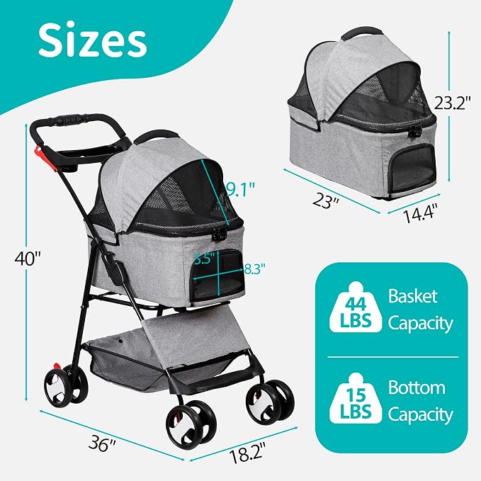 4 Wheels Foldable Pet Dog Cat Jogger Stroller Travel Carrier Strolling Cart w/Waterproof Cover Storage Basket Cup Holder & Detachable Carrier for Medium Small Cat Dog, Grey