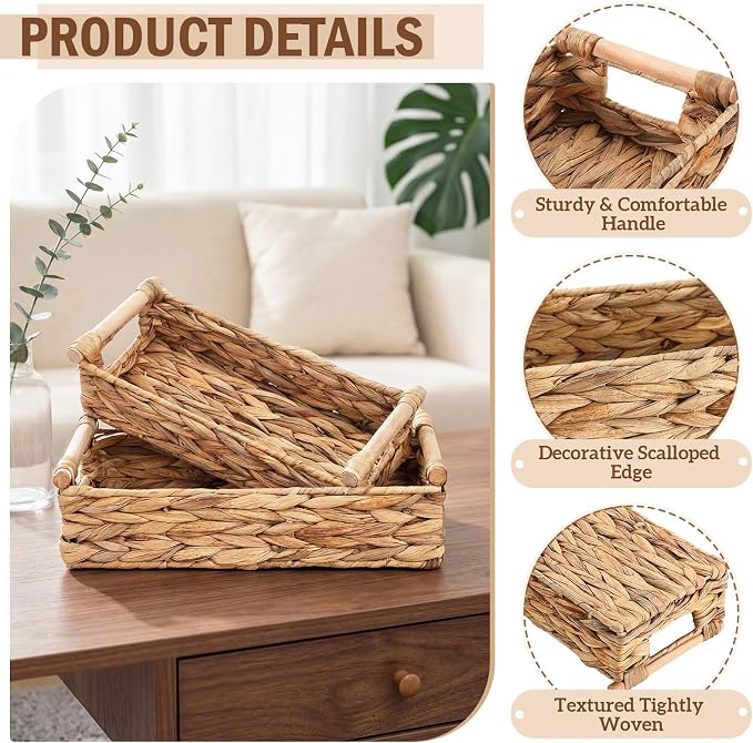 2 Pack Toilet Paper Storage Basket, Wicker Baskets for Bathroom, Water Hyacinth Baskets with Wooden Handles for over Toilet Storage Shelf, End Table, Shelves and More(Large&medium)