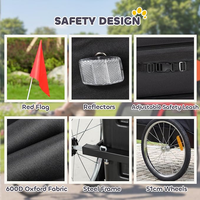 PawHut Dog Bike Trailer 20" Air Tires for Small Medium Breeds 44 lbs | Pet Cart Bicycle Carrier, Quick-Release Wheels, Reflectors, Flag, Dog Cart for Bicycle