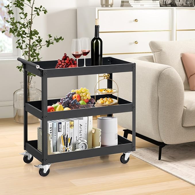 Goplus 3-Tier Utility Cart, Heavy Duty Commercial Service Tool Cart w/Lockable Wheels, 330lbs Load Capacity, Ergonomic Handle, Rolling Mechanic Tool Cart Storage Organizer for Warehouse Garage Black