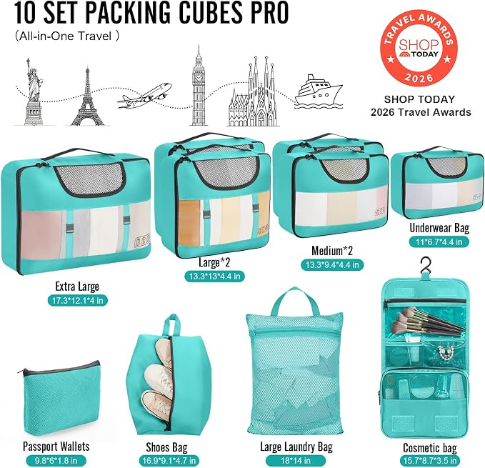 Veken 10 Set Packing Cubes for Travel Essentials, Suitcase Organizer Bags in 4 Sizes, Carry-On Luggage Accessories with Laundry Bag, Airplane Must Have with 99-Count Mesh Holes