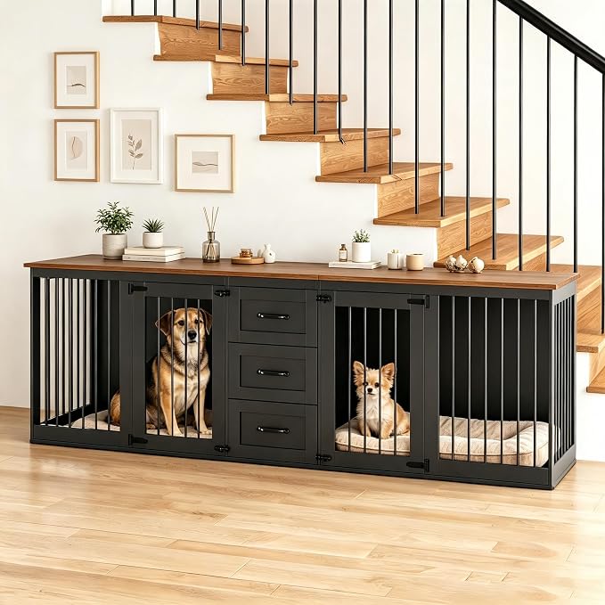 92.8" Furniture Style Dog Crate, Double Dog Crate Furniture | 3 Storage Drawers, Dog Kennel Indoor, for Med-Large Dogs, Farmhouse Dog Crate TV Stand with Divider, White Brown