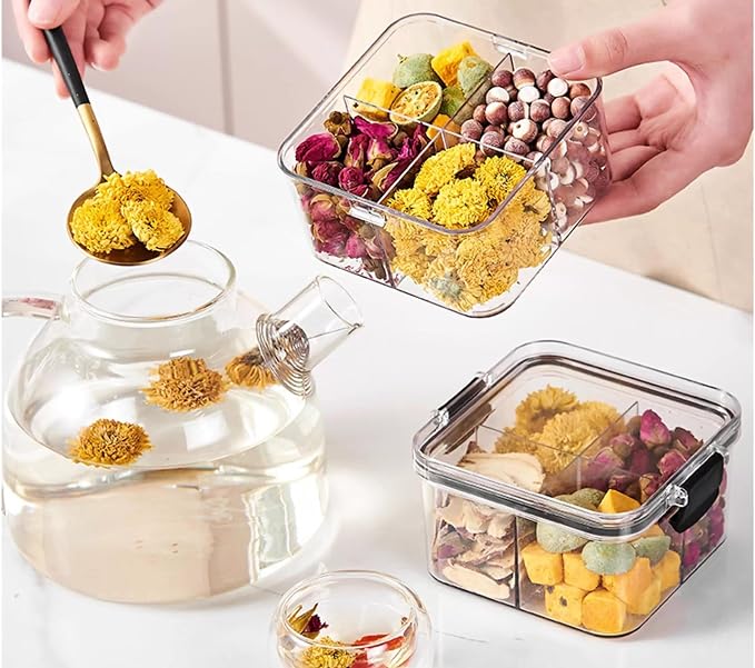 2 Pack 4 Compartment Airtight Food Storage Containers,460 ml Divided Clear Storage Box,Stack able Sealed Spice Tea Organizer for Loose Leaf Dried Tea Flower Snack Seasoning Pantry Counter Cabinet