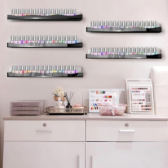Wall-Mounted Nail Polish Organizer Rack - 15-Inch Black Mirror Finish Nail Polish Shelf, Makeup & Beauty Essentials Storage - Multi-Purpose Display Holder for Small Space, Vanity Bathroom, 6 Pack