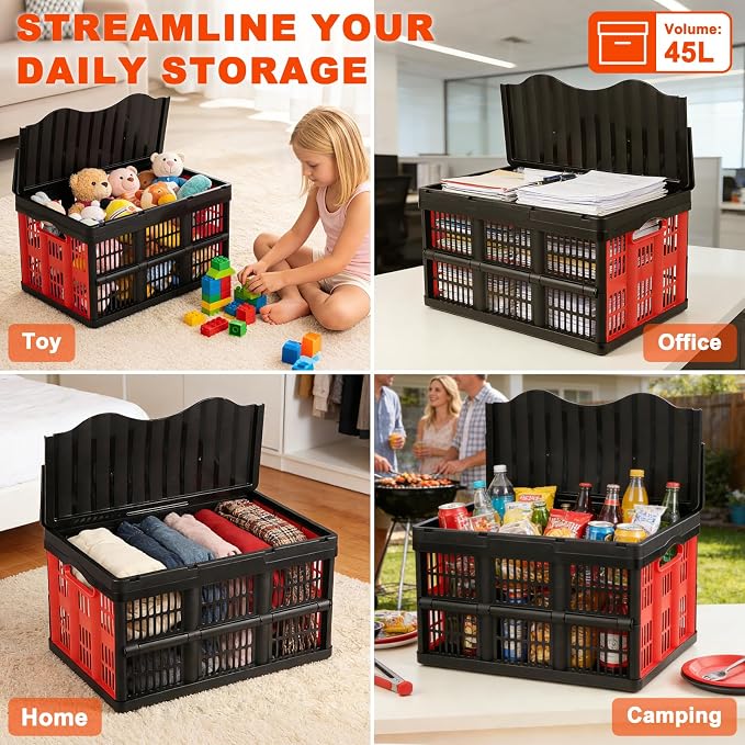 45L Collapsible Storage Bins with Lids, | 3 Packs Heavy Duty Foldable Storage Crates with Handles, 55 lbs Capacity, Storage Bins for Camping, Grocery & Outdoor