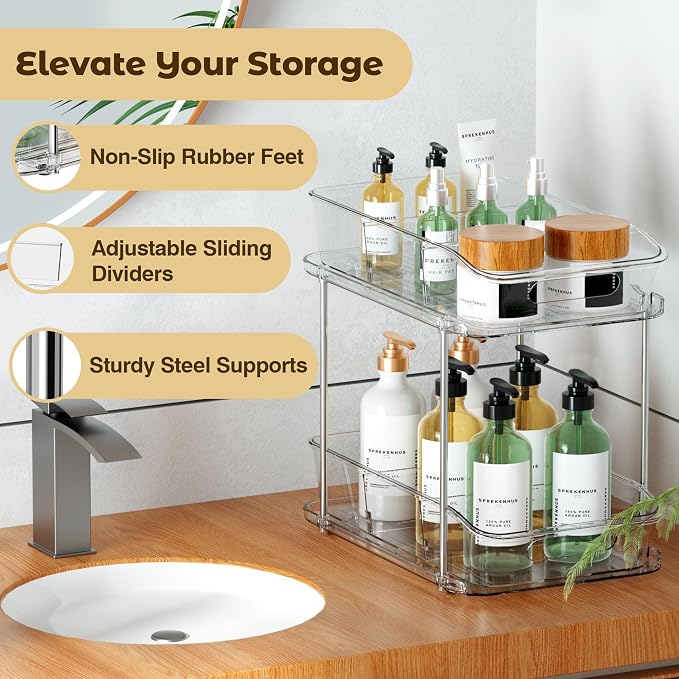 Incostar 2 Tier Pull-Out Organizer for Bathroom Kitchen, Under Sink Storage with Dividers, Ideal for Cabinet, Cupboard Organization, Slide-Out Clear Storage, 2 Pack